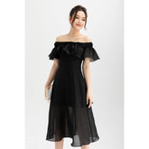 Silk Organza Off-Shoulder Midi Dress with Ruffled Neckline and Sheer Flared Skirt